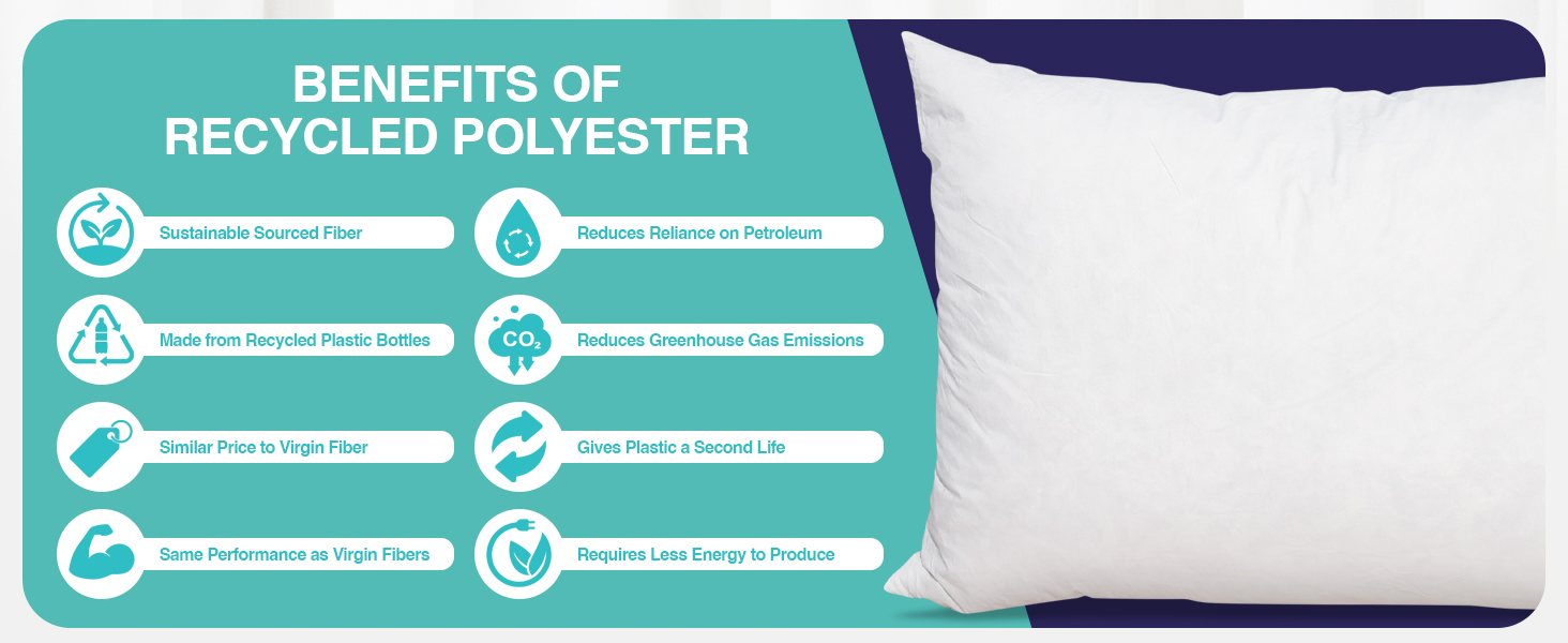 Benefits of recycled polyester, sustainably sourced, reduces reliance on petroleum and green house gases, less energy to produce